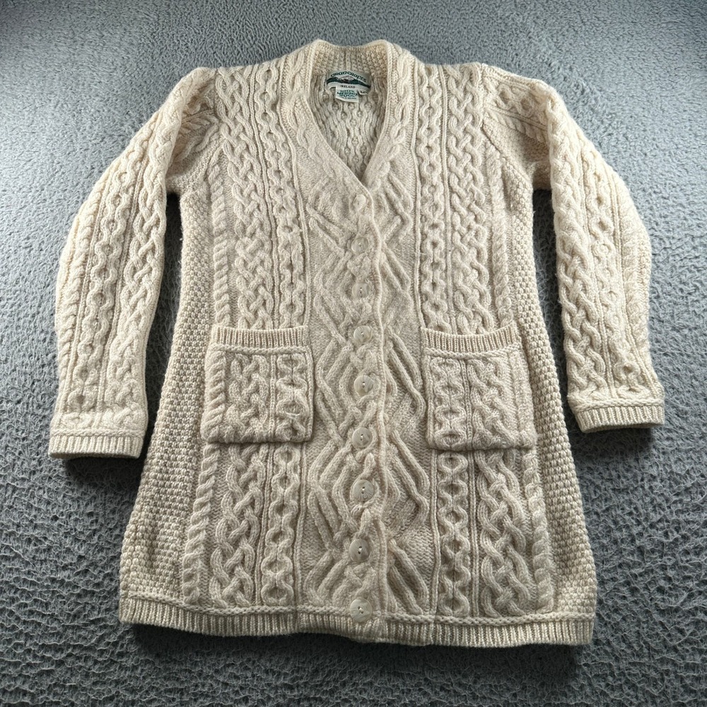 Aran Crafts Cardigan Womens‎ M 100% Merino Wool Ireland Cable Knit Cream Pockets